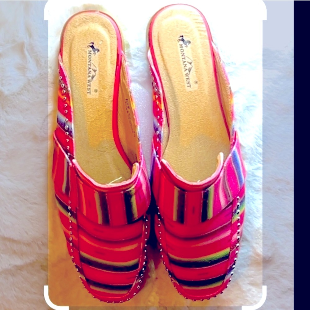 Pink Slides Shoes Serape Print Silver Studs Loafer 3/4”Heel Montana West NEW 8~9